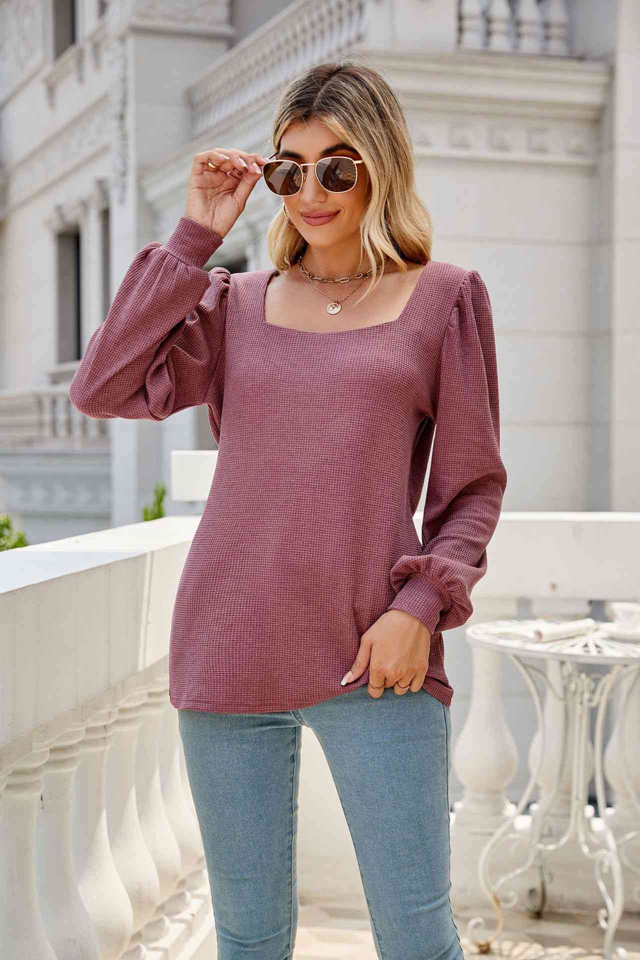 Waffle-Knit Puff Sleeve Square Neck Top