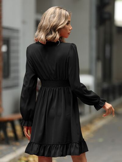 Ruffle Trim V-Neck Flounce Sleeve Dress