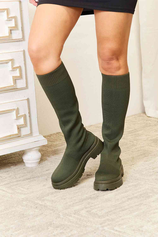 WILD DIVA Footwear Knee High Platform Sock Boots Olive