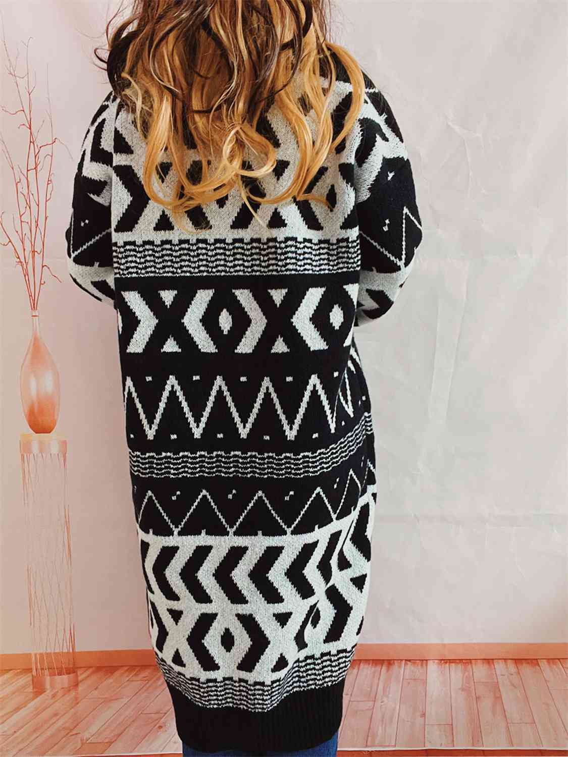 Geometric Button Front Longline Cardigan