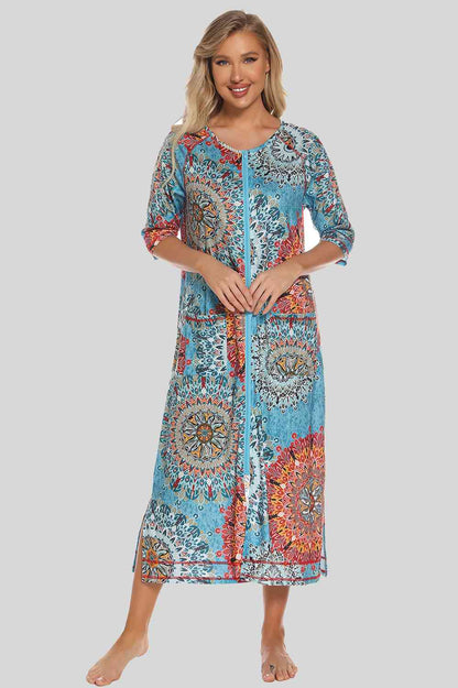 Printed Slit Night Dress with Pockets