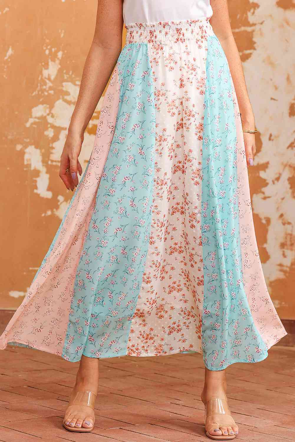 Floral Color Block Smocked Waist Maxi Skirt