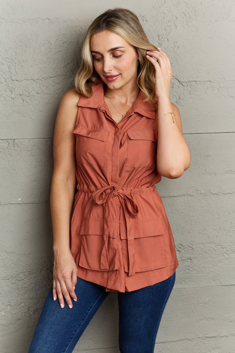 Ninexis Follow The Light Sleeveless Collared Button Down Top Brick Red