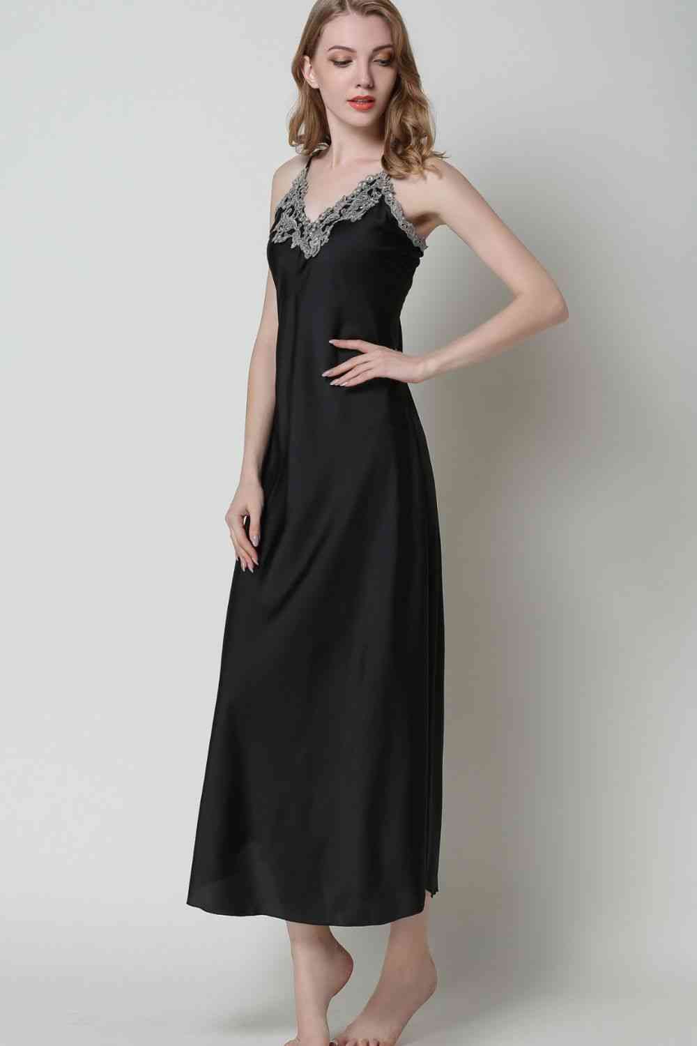 Full Size Lace Trim V-Neck Spaghetti Strap Satin Night Dress