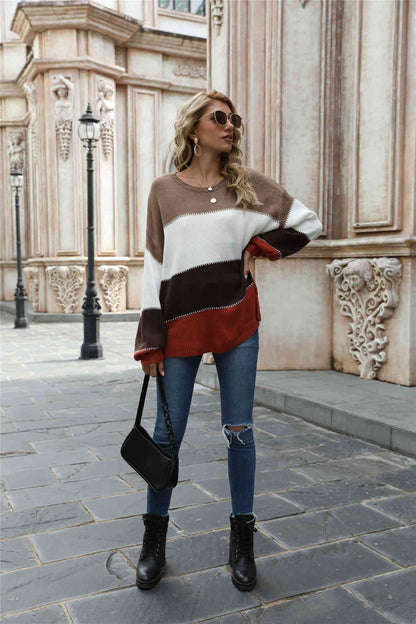 Color Block Round Neck Sweater