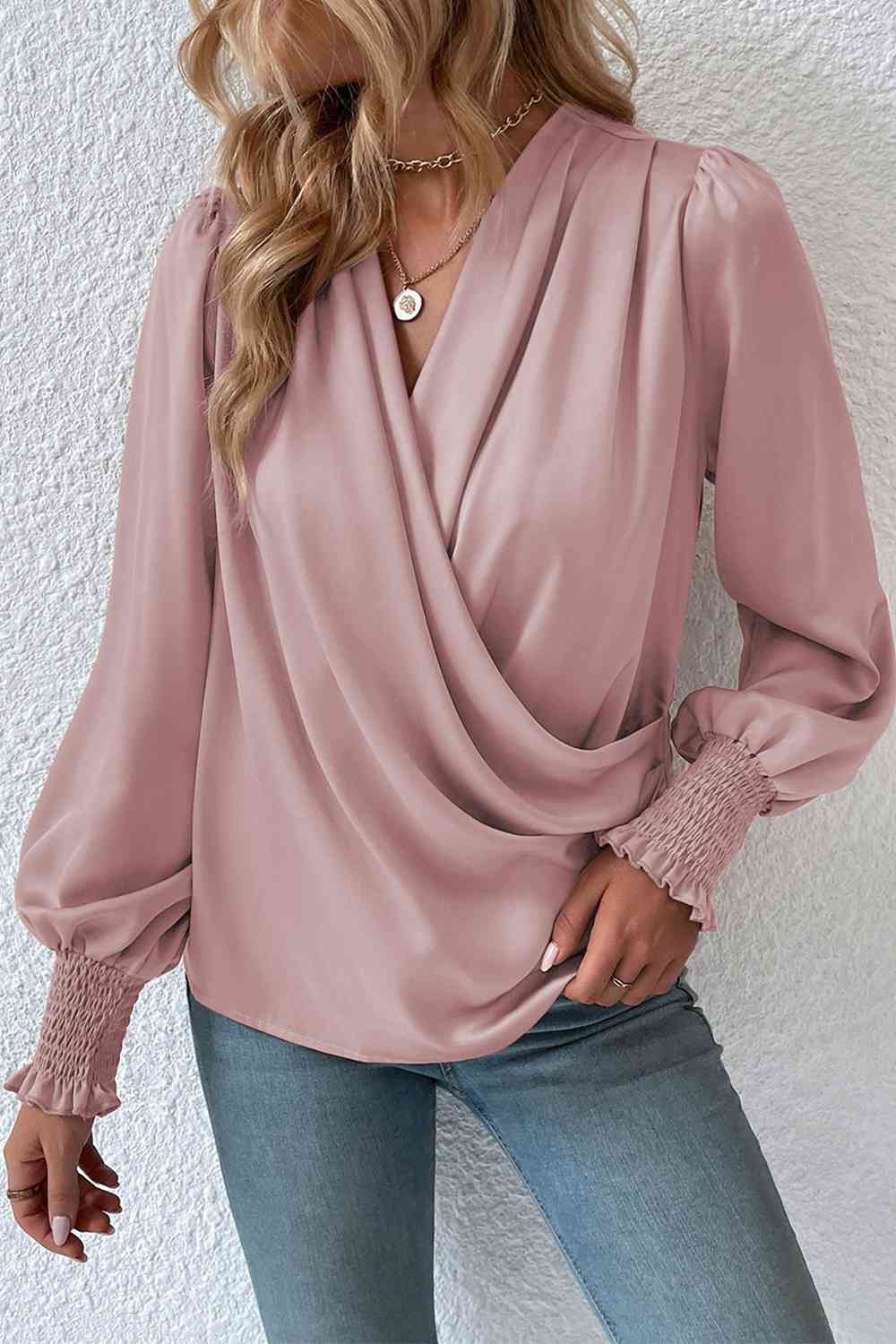 Surplice Neck Lantern Sleeve Blouse