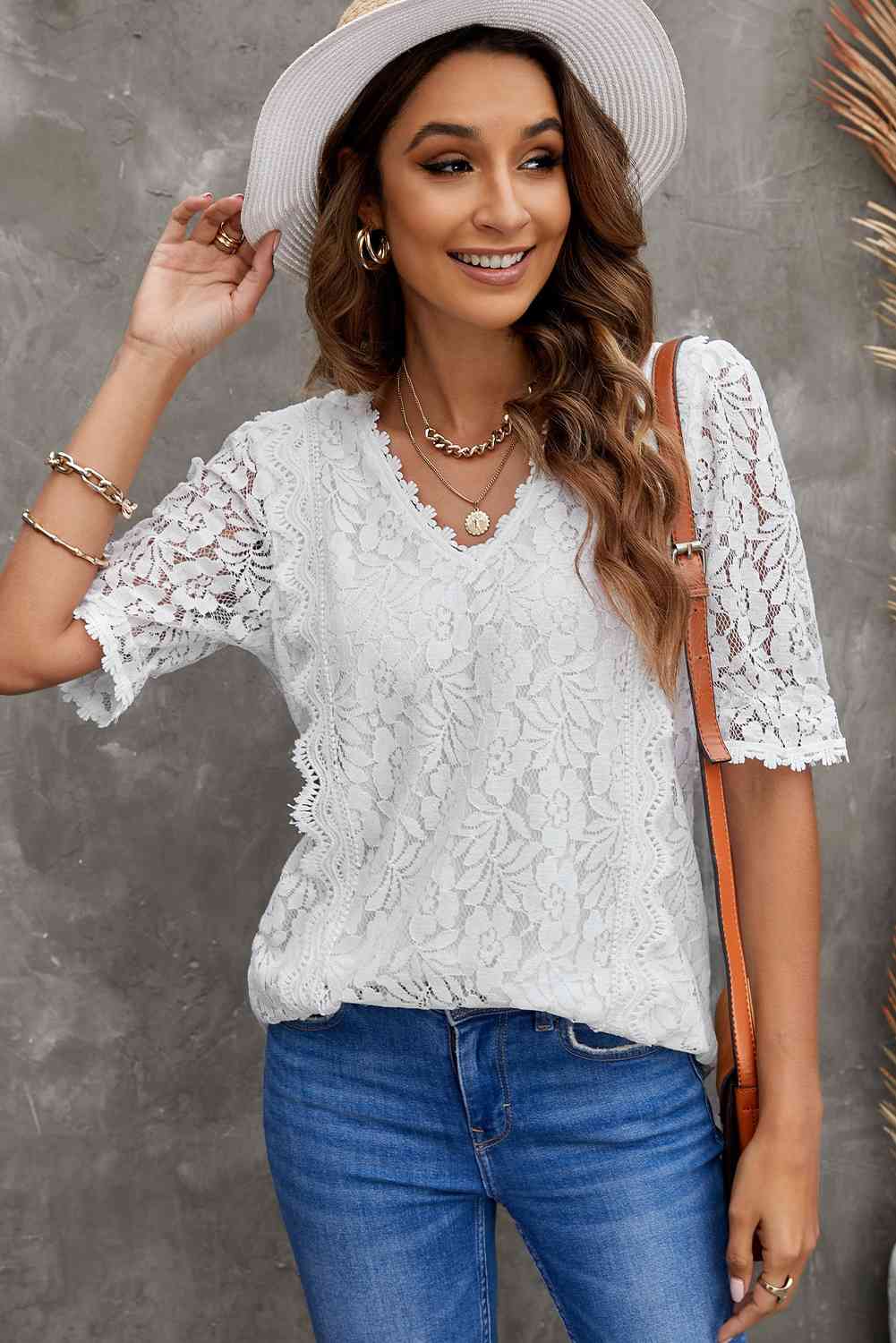 Lace V-Neck Flounce Sleeve Top