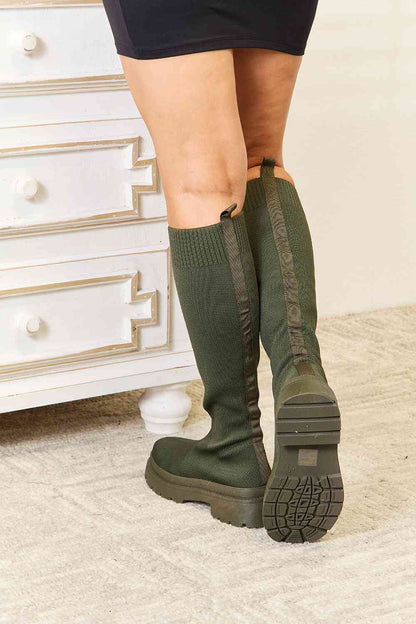 WILD DIVA Footwear Knee High Platform Sock Boots Olive