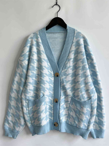 Houndstooth Botton Front  Cardigan with Pockets