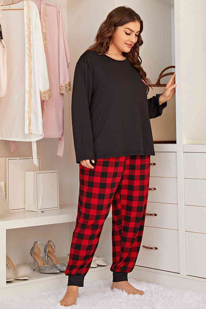 Plus Size Heart Graphic Top and Plaid Joggers Lounge Set