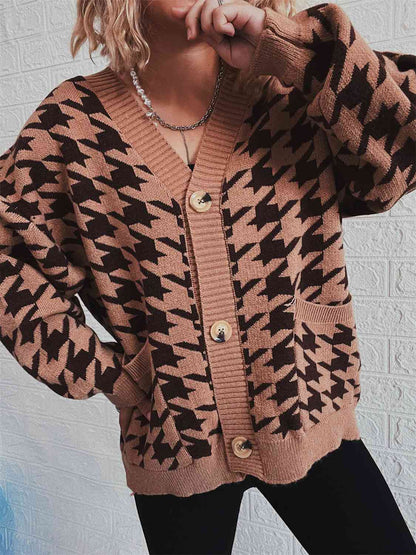 Houndstooth Botton Front  Cardigan with Pockets