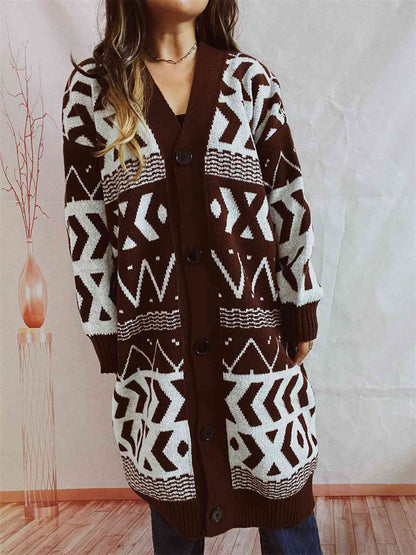 Geometric Button Front Longline Cardigan