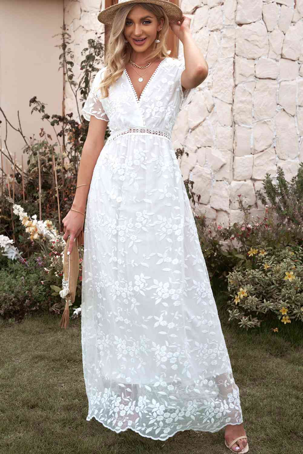 Embroidered Short Sleeve Surplice Neck Maxi Dress