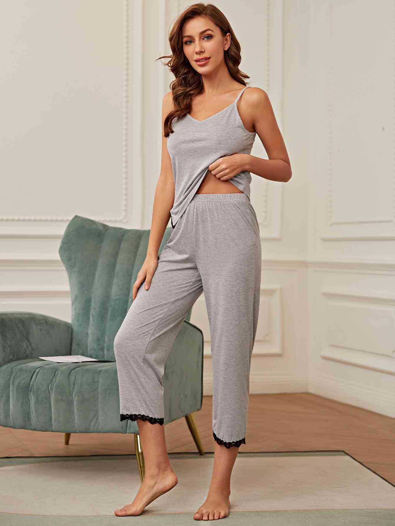 V-Neck Lace Trim Slit Cami and Pants Pajama Set