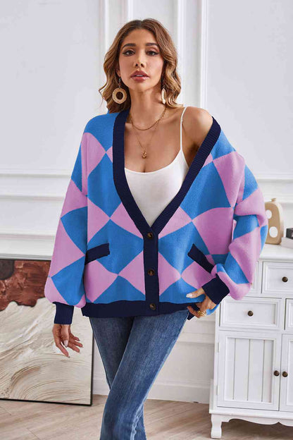 Geometric Lantern Sleeve Cardigan with Pockets