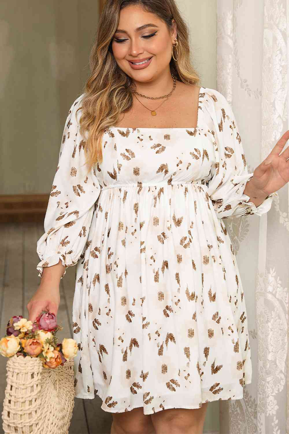 Plus Size Printed Square Neck Mini Dress