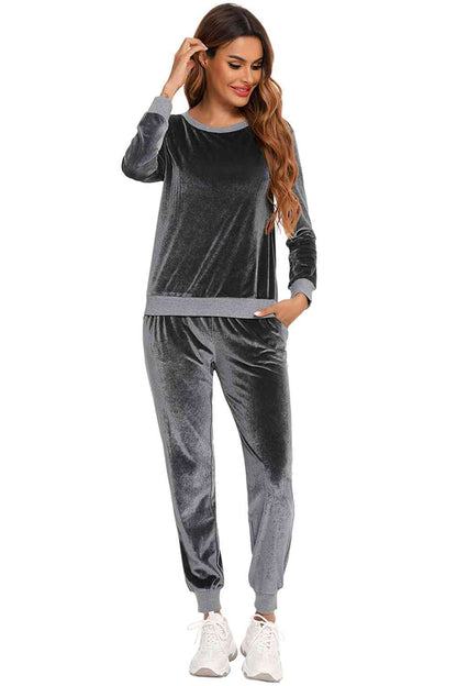 Round Neck Long Sleeve Loungewear Set with Pockets