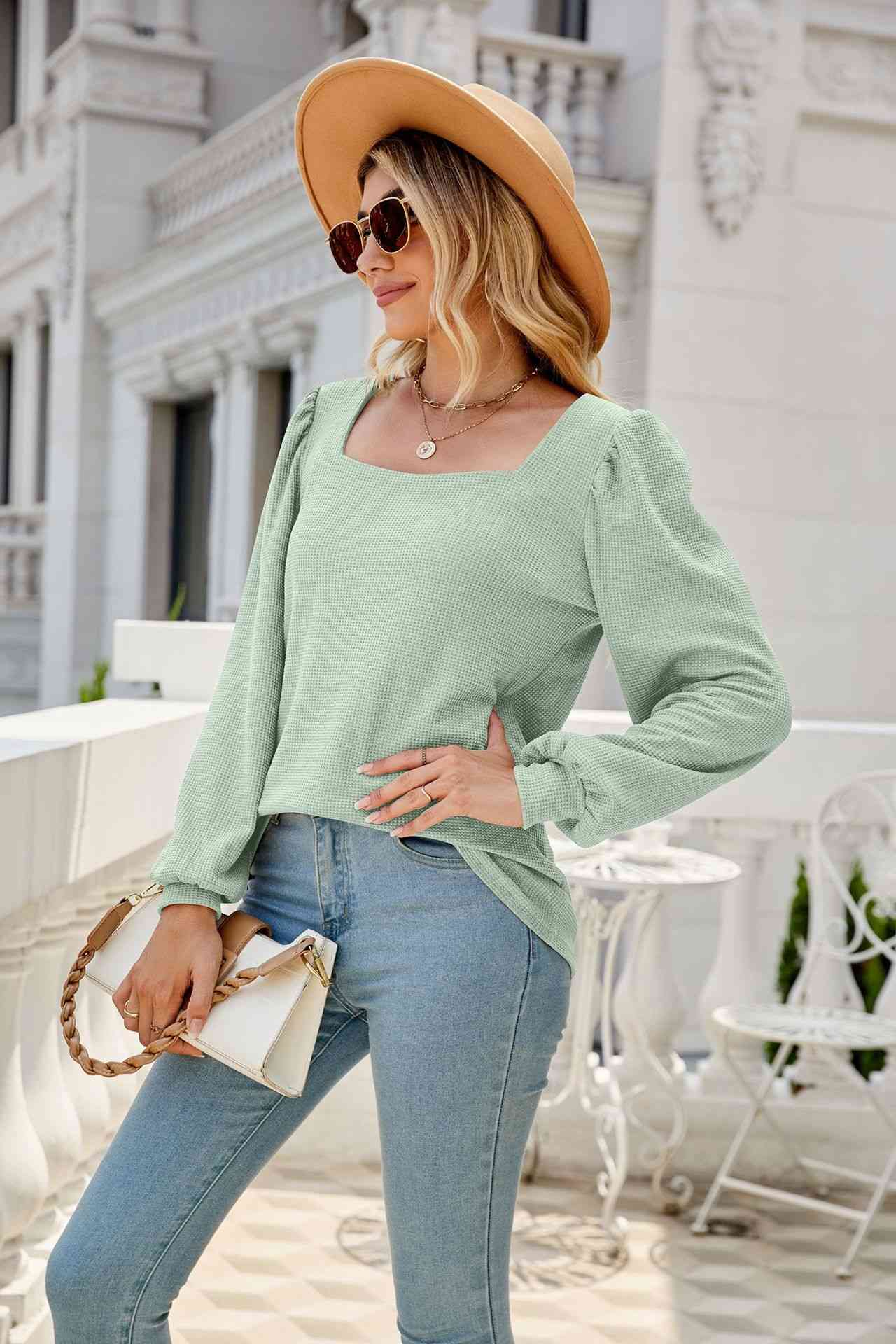 Waffle-Knit Puff Sleeve Square Neck Top