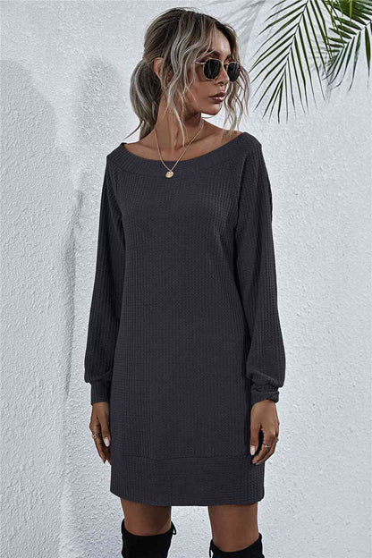 Waffle-Knit Boat Neck Mini Dress