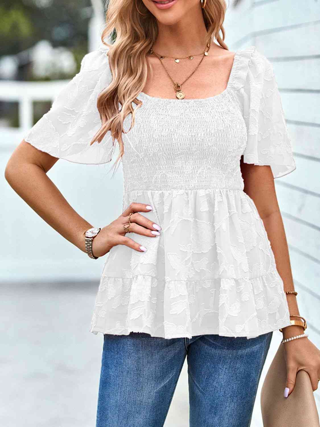 Smocked Square Neck Babydoll Blouse