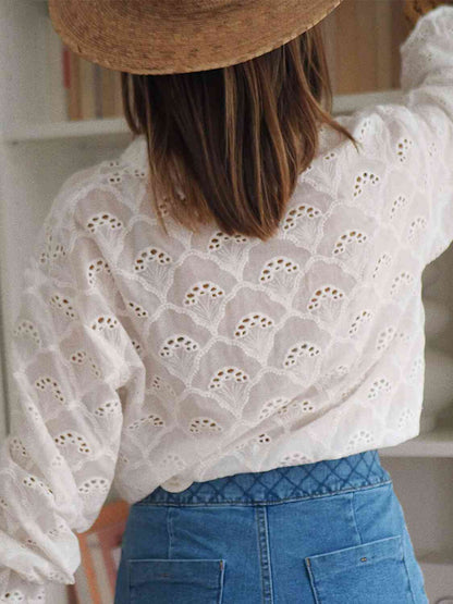 Eyelet Notched Neck Flounce Sleeve Blouse