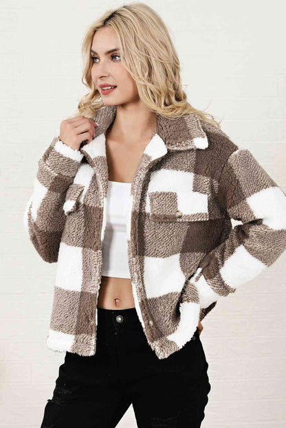 Plaid Collared Neck Drop Shoulder Jacket