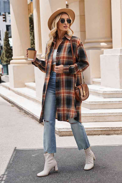 Plaid Collared Neck Long Sleeve Coat