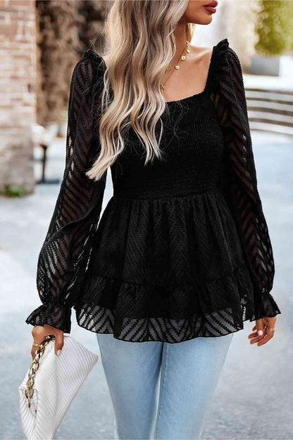 Square Neck Flounce Sleeve Peplum Top