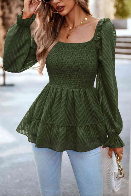 Square Neck Flounce Sleeve Peplum Top