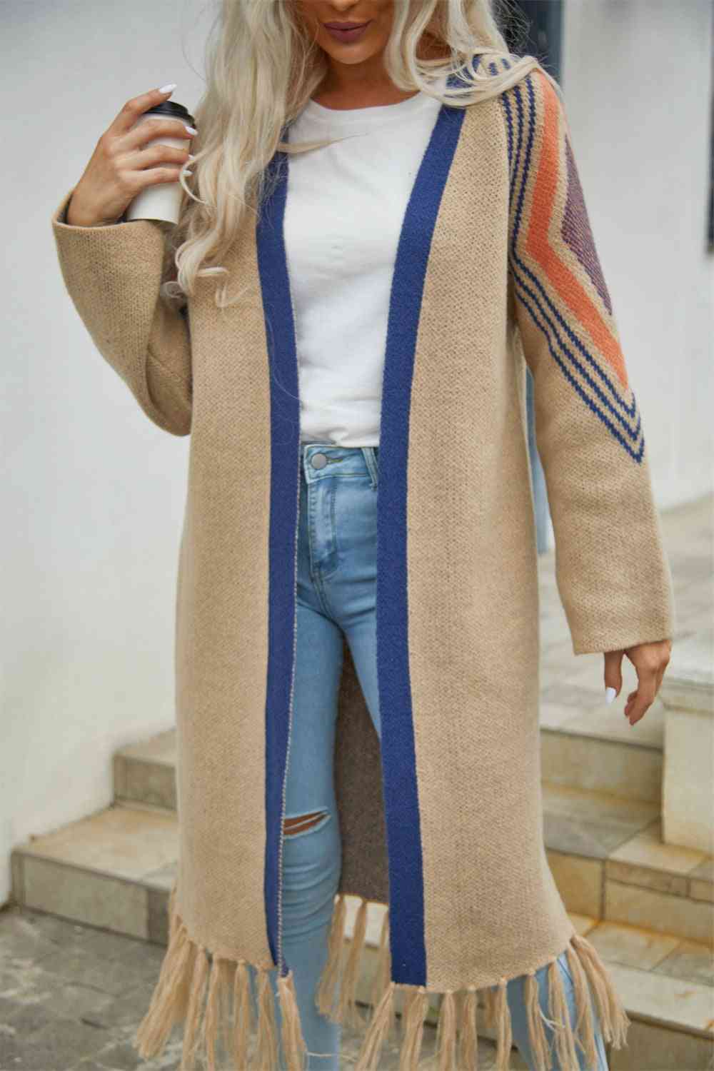 Double Take Geometric Fringe Hem Open Front Duster Cardigan