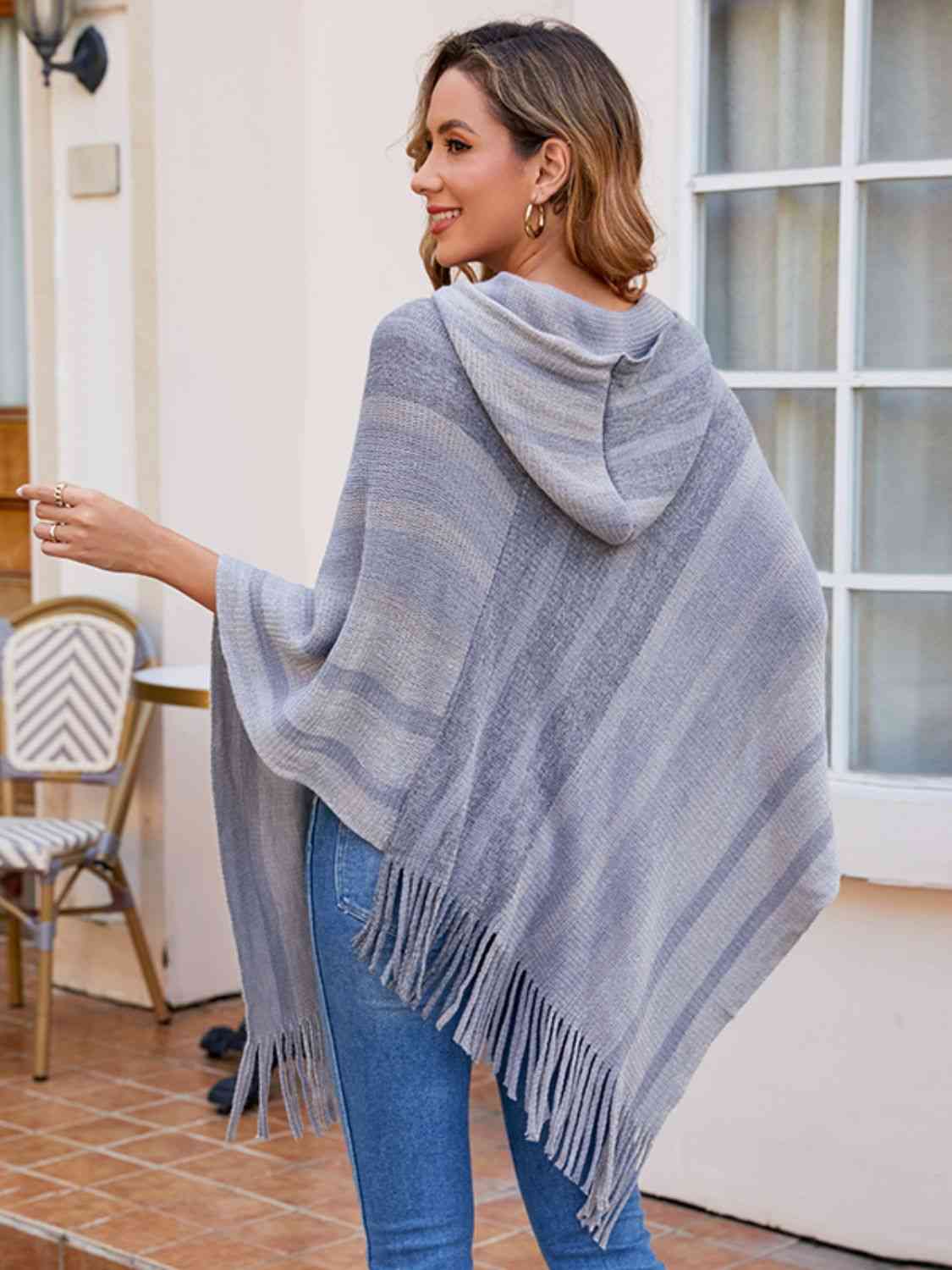 Striped Fringe Hem Hooded Poncho