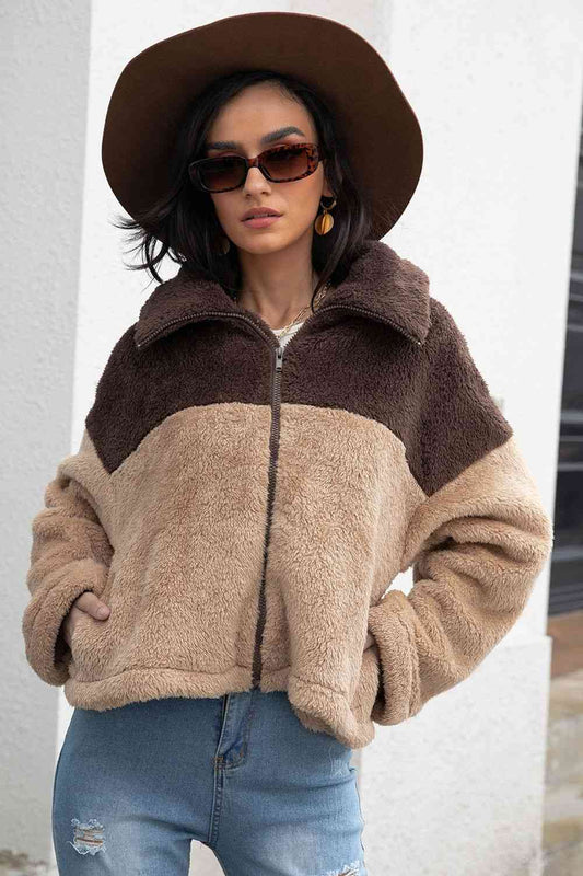 Two-Tone Collared Neck Fuzzy Jacket