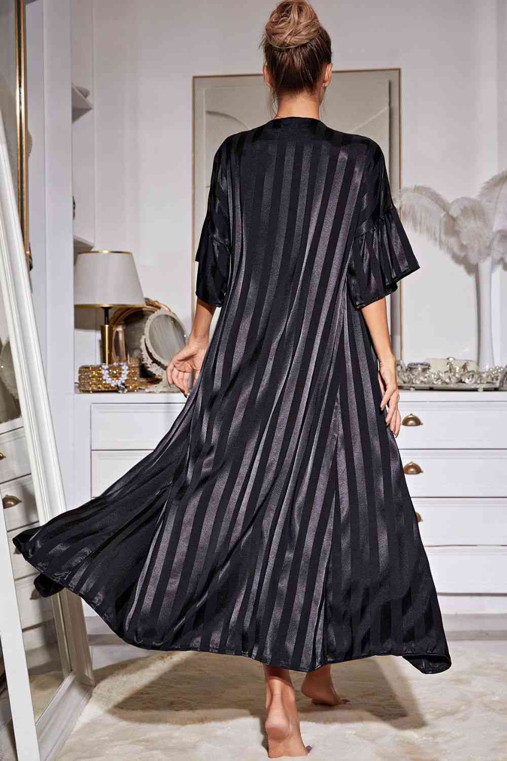 Striped Flounce Sleeve Open Front Robe and Cami Dress Set