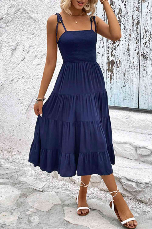 Tie-Shoulder Tiered Midi Dress