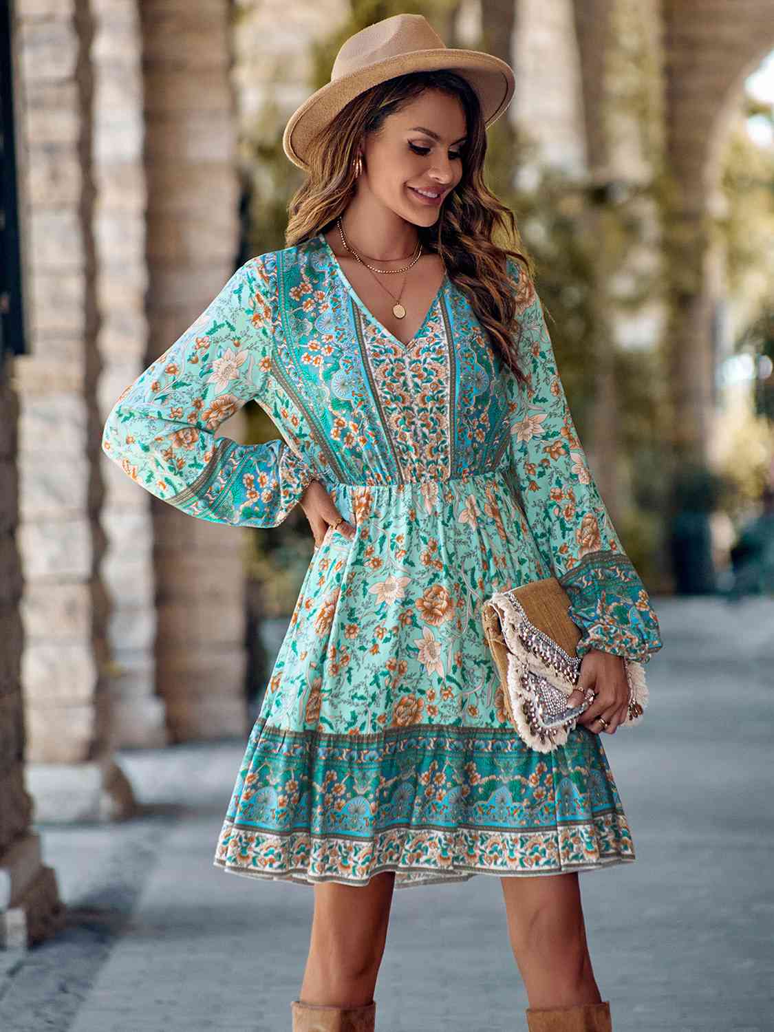 Bohemian V-Neck Long Sleeve Dress