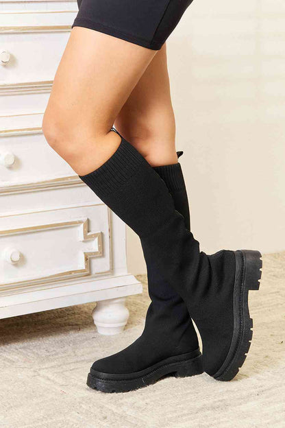 WILD DIVA Footwear Knee High Platform Sock Boots Black