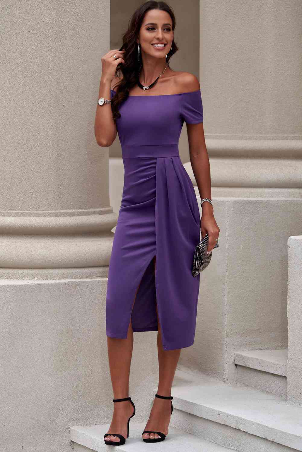 Off-Shoulder Short Sleeve Split Dress