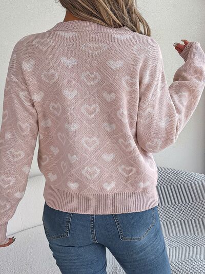 Heart Pattern V-Neck Long Sleeve Sweater