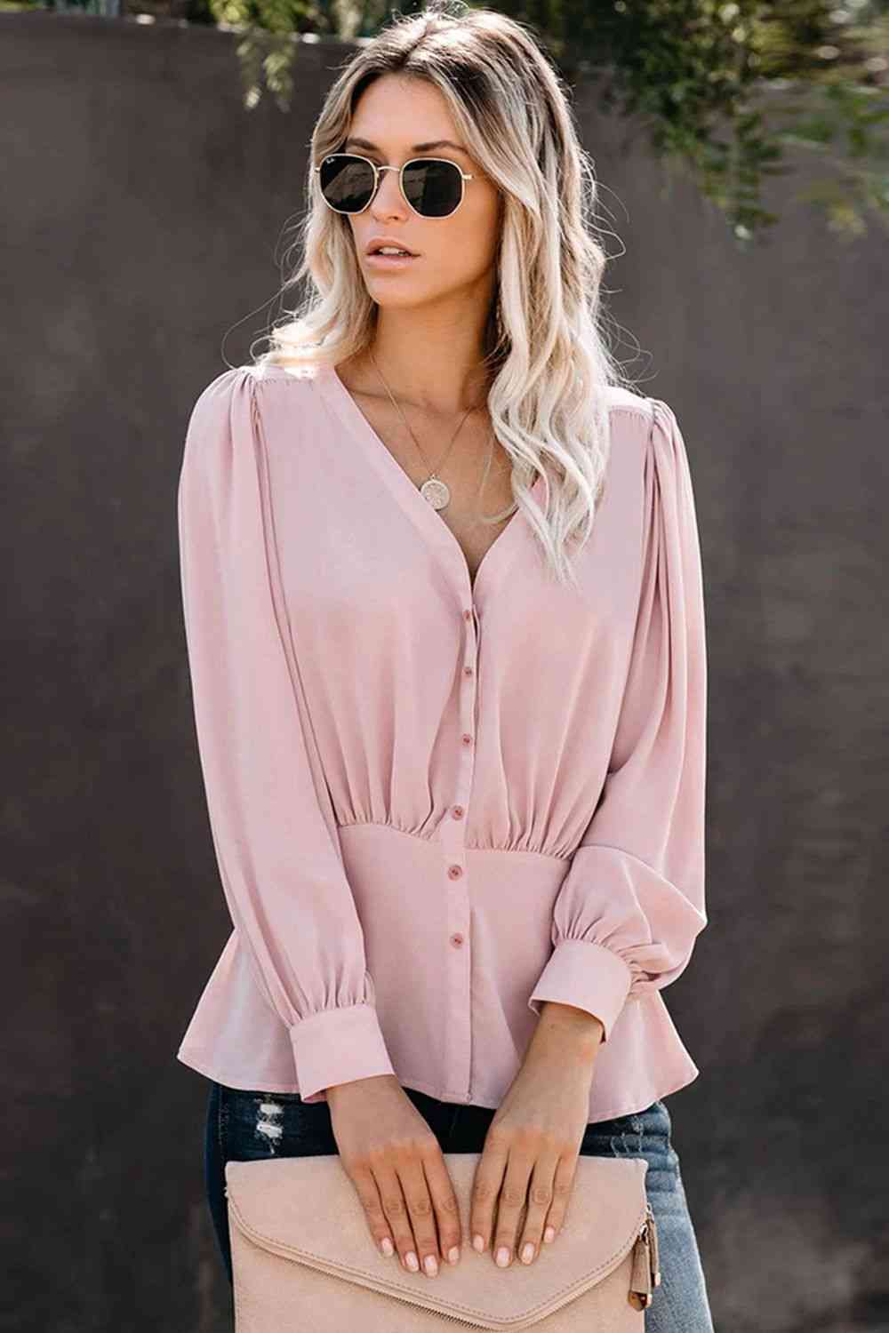 Buttoned Puff Sleeve Blouse