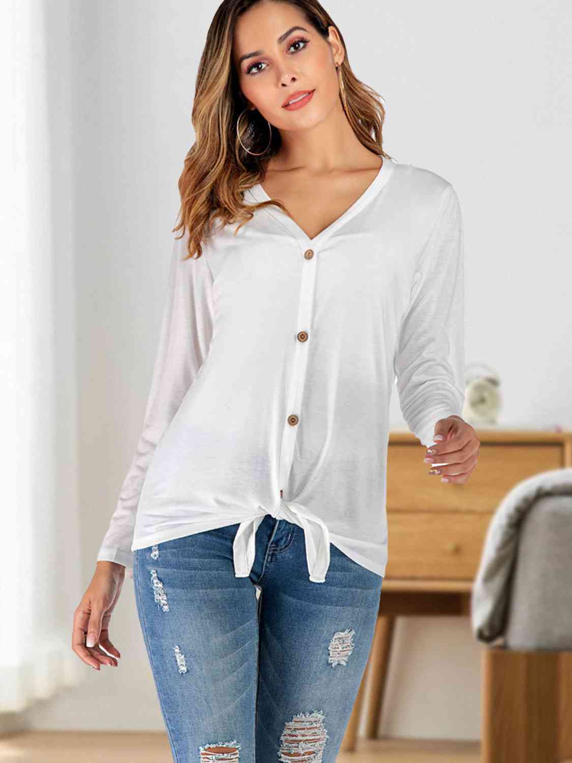 Button Up V-Neck Long Sleeve Cardigan