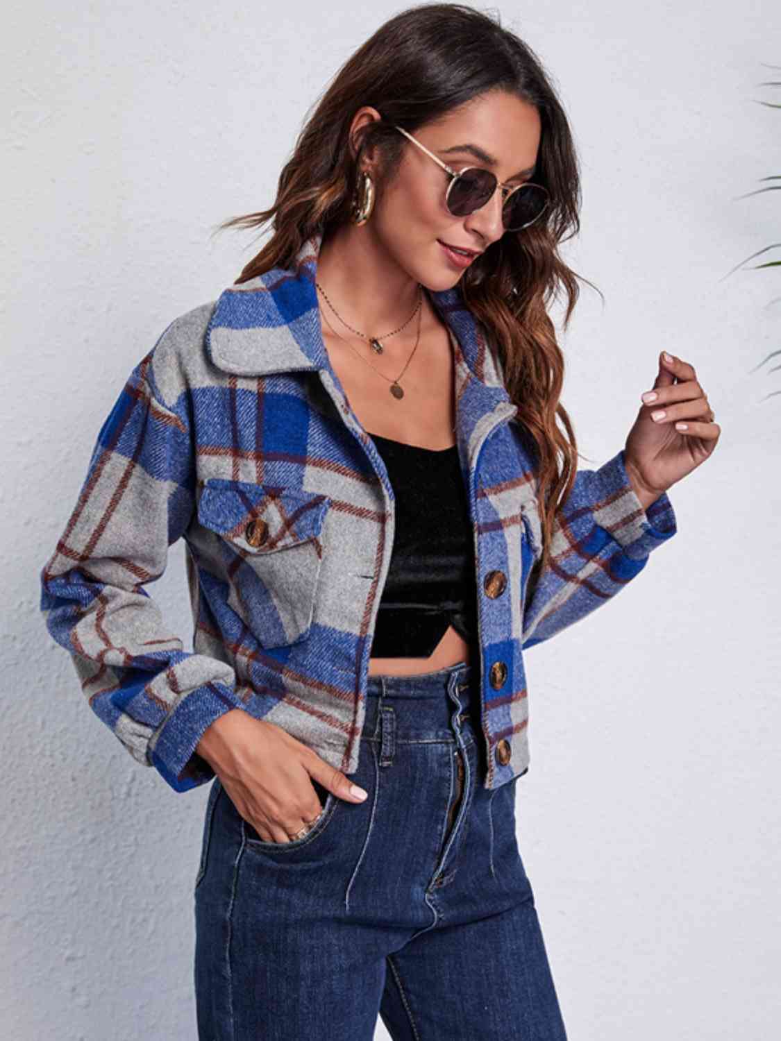 Plaid Button Front Jacket with Pockets