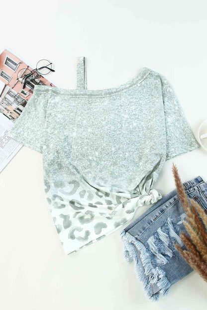 Leopard Asymmetrical Neck Cold-Shoulder Blouse