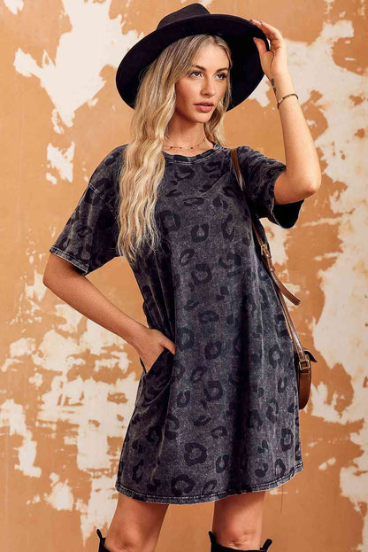 Leopard Round Neck Dropped Shoulder Dress with Pockets