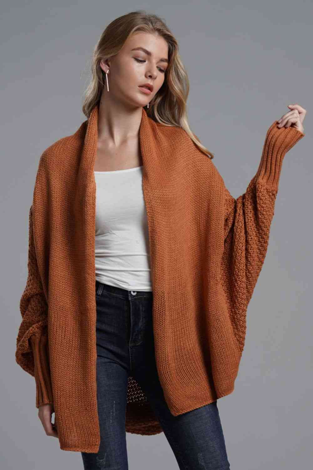 Dolman Sleeve Open Front Ribbed Trim Longline Cardigan