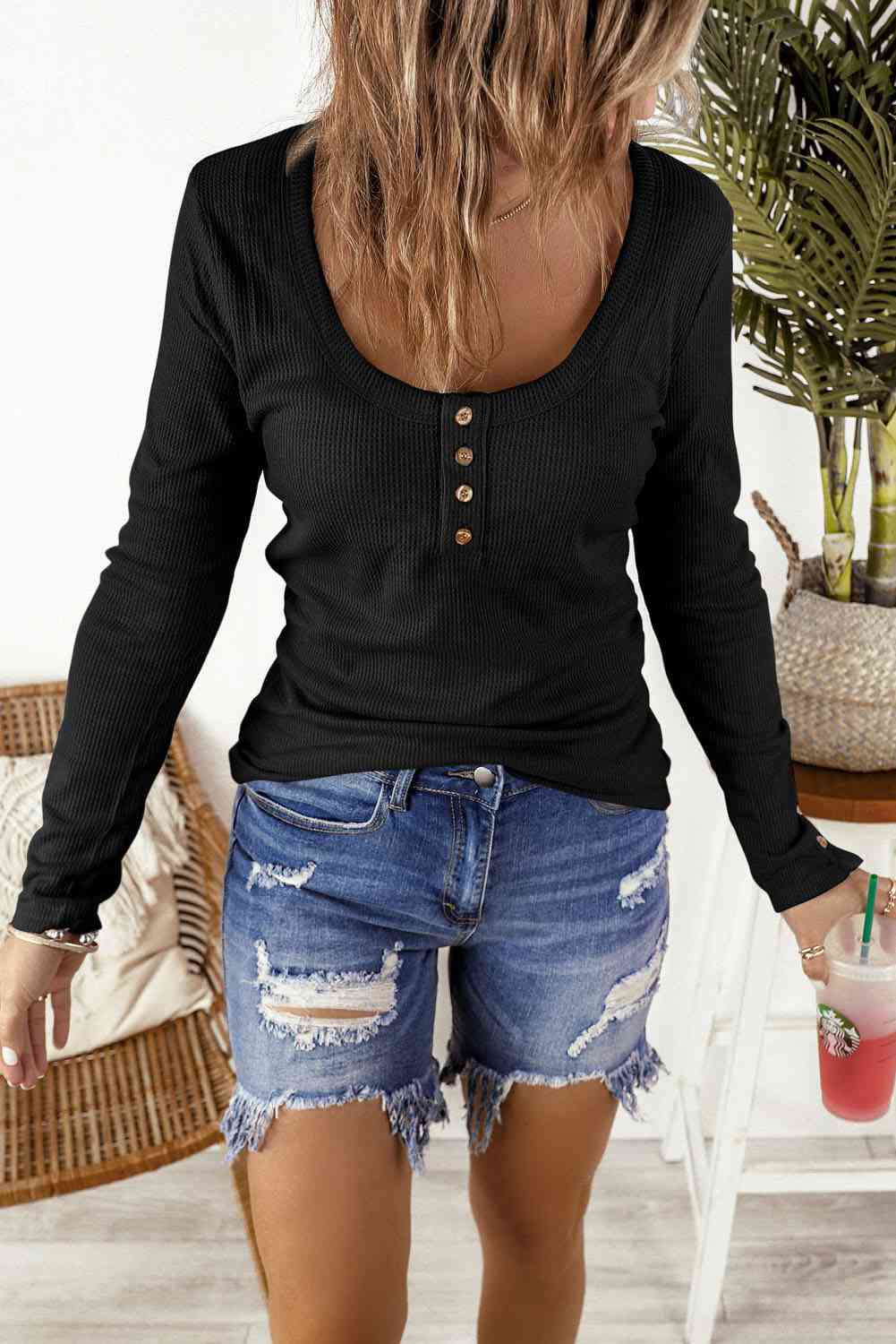 Button Front Scoop Neck Top