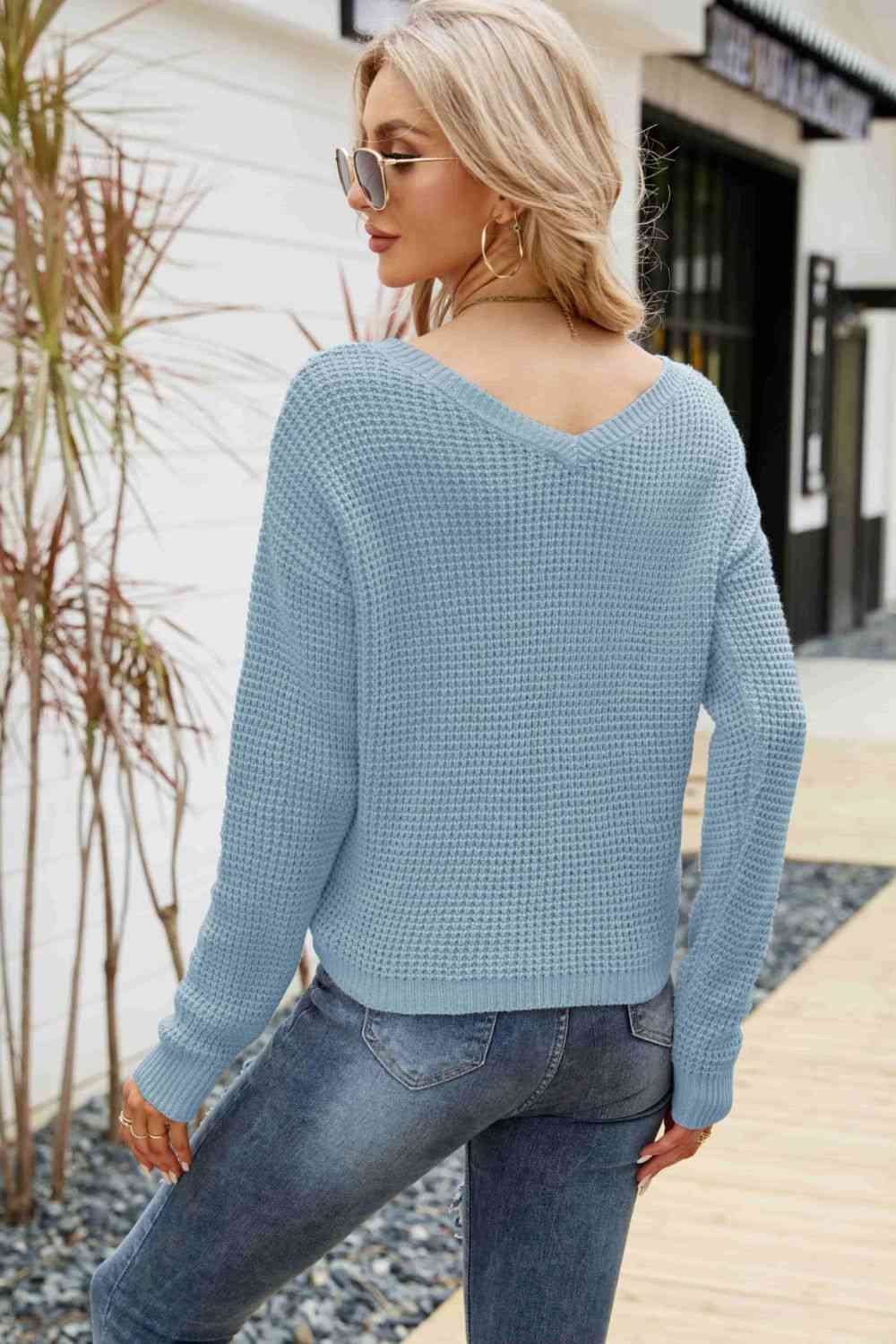 Waffle-Knit Drawstring Detail V-Neck Sweater