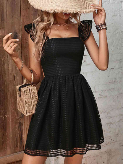 Ruffled Square Neck Fishnet A-Line Dress