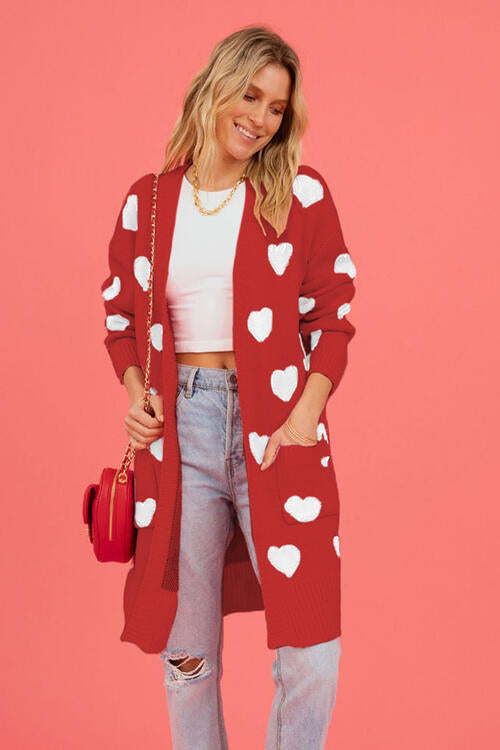 Heart Graphic Open Front Cardigan with Pockets