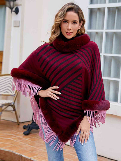 Striped Fringe Hem Poncho