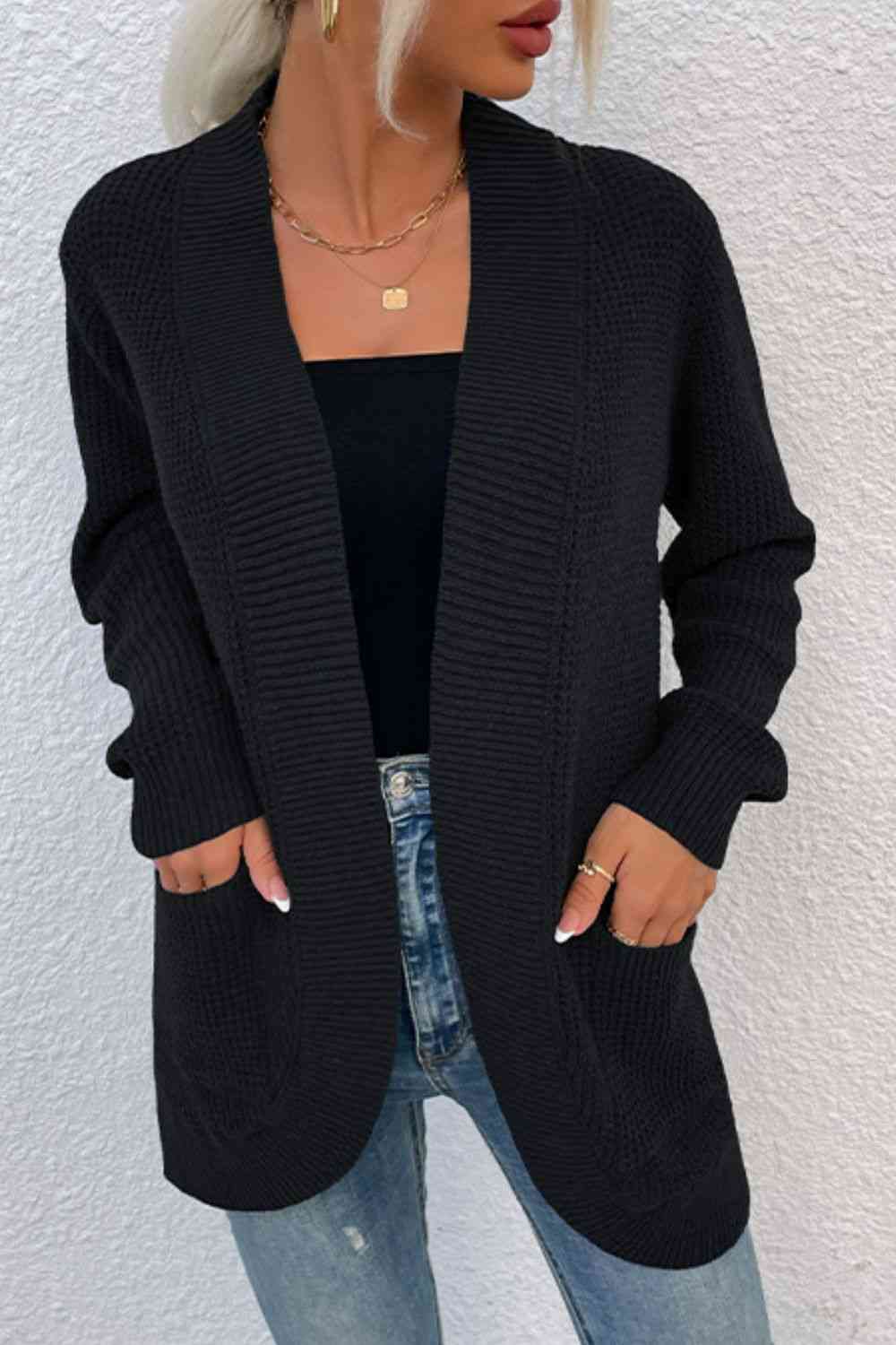 Open Front Rib-Knit Cardigan with Pockets